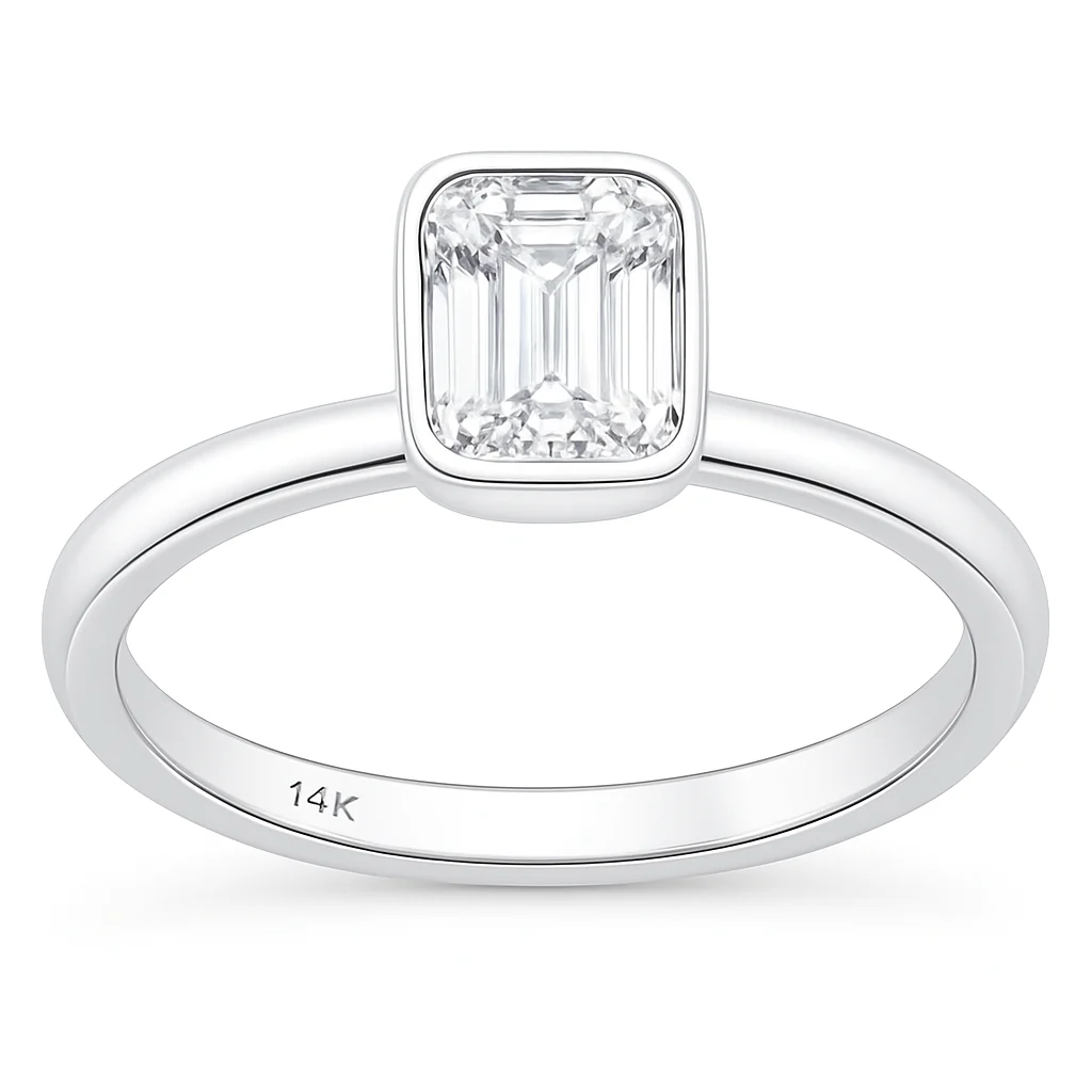 <span style="color:purple">SPECIAL!</span> .82ct G SI 14K White Gold Bezel Set Emerald Cut Diamond Engagement Solitaire Ring Size 6.5