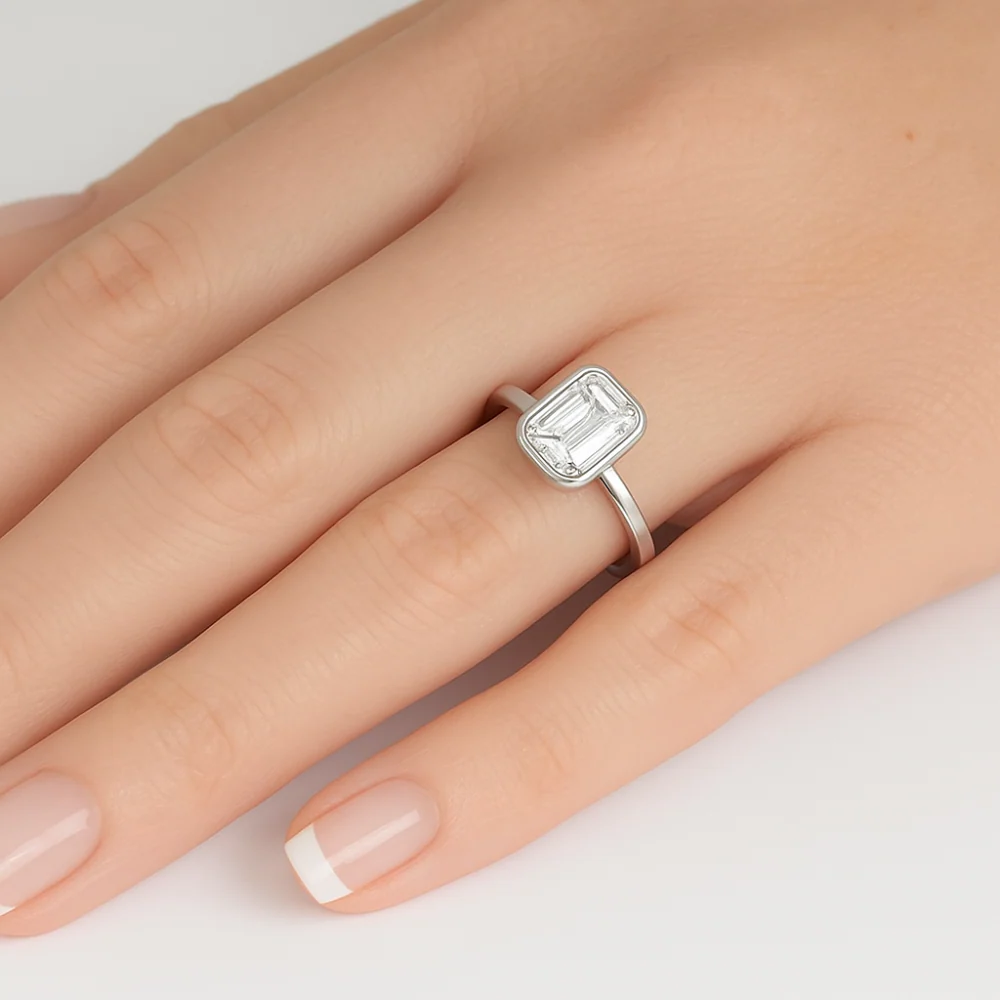<span style="color:purple">SPECIAL!</span> .82ct G SI 14K White Gold Bezel Set Emerald Cut Diamond Engagement Solitaire Ring Size 6.5 - Image 2