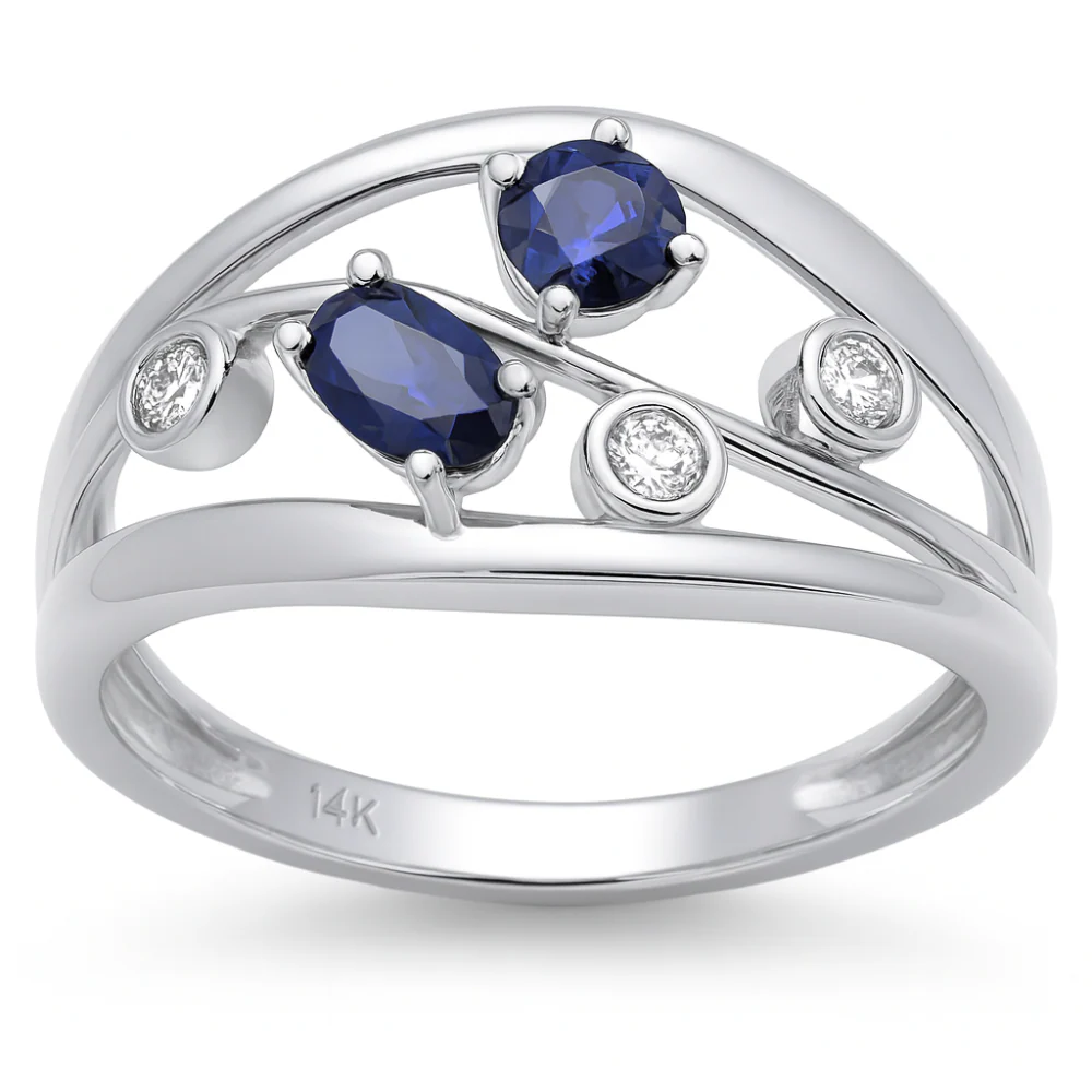 <span style="color:purple">SPECIAL!</span> .68ct G SI 14K White Gold Diamond & Blue Sapphire Gemstone Band Ring Size 6.5