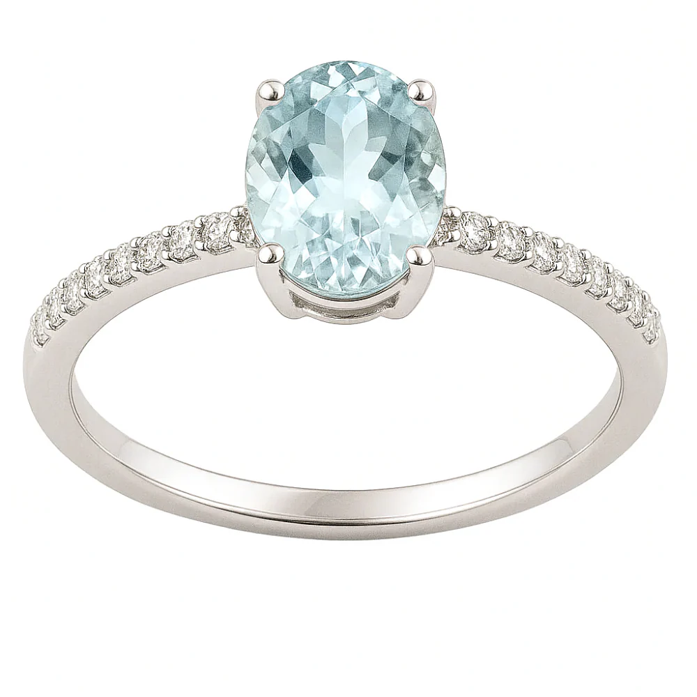 .96ct G SI 14K White Gold Oval Aquamarine Gemstone & Diamond Ring Size 6.5