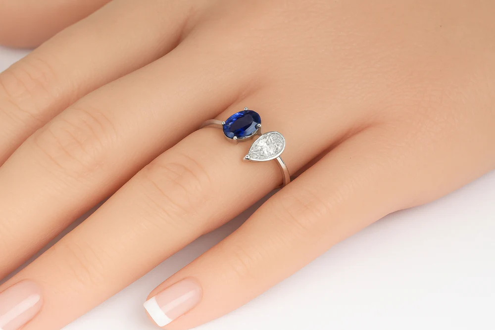 <span style="color:purple">SPECIAL!</span> 1.06ct G SI 14K White Gold Oval Blue Sapphire & Pear Shape Diamond Toi et Moi Ring Size 6.5 - Image 2