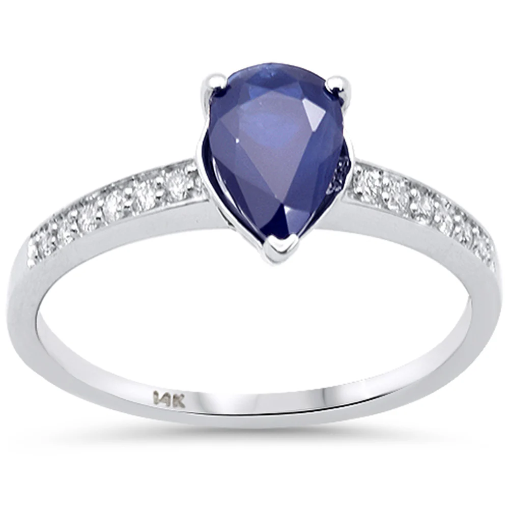 <span style="color:purple">SPECIAL!</span> 1.39ct G SI 14K White Gold Diamond & Pear Shape Blue Sapphire Gemstone Ring Size 6.5