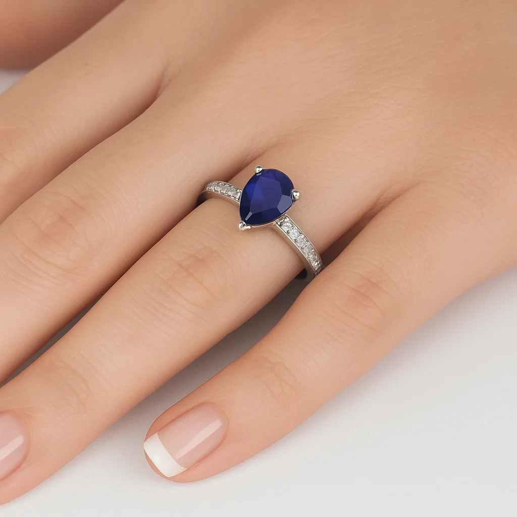 <span style="color:purple">SPECIAL!</span> 1.39ct G SI 14K White Gold Diamond & Pear Shape Blue Sapphire Gemstone Ring Size 6.5 - Image 2