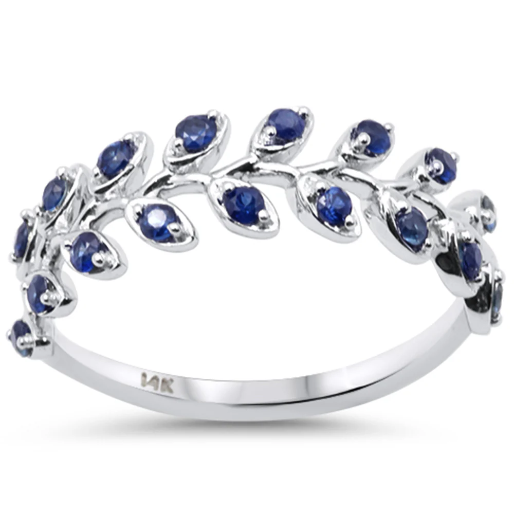 <span style="color:purple">SPECIAL!</span> .44ct G SI 14K White Gold Blue Sapphire Gemstone Olive Branch Style Band Ring Size 6.5