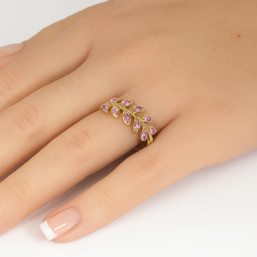 <span style="color:purple">SPECIAL!</span> .41ct G SI 14K Yellow Gold Pink Sapphire Gemstone Olive Branch Style Band Ring Size 6.5 - Image 2