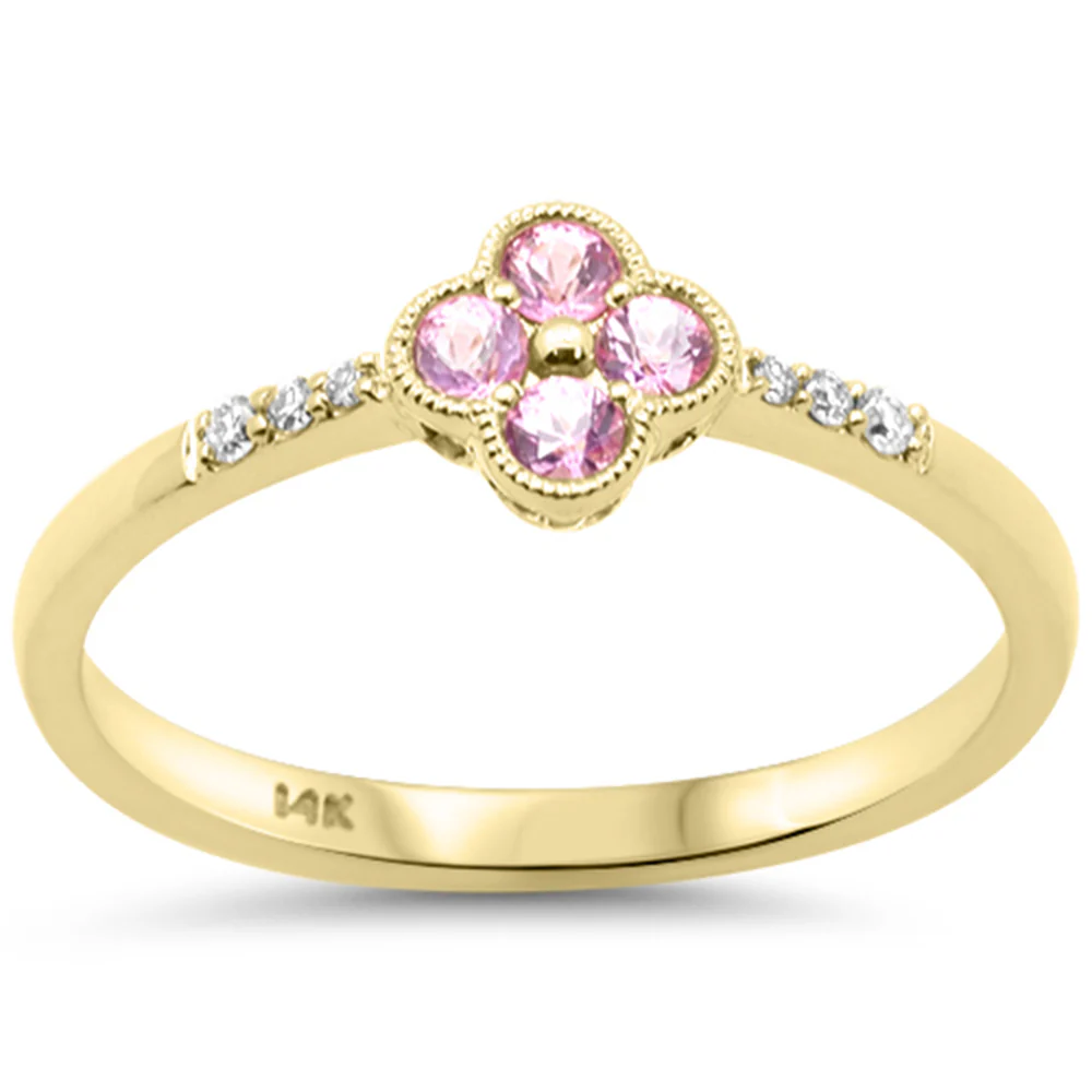 .25ct G SI 14kt Yellow Gold Diamond & Pink Sapphire Clover Gemstone Ring Size 6.5