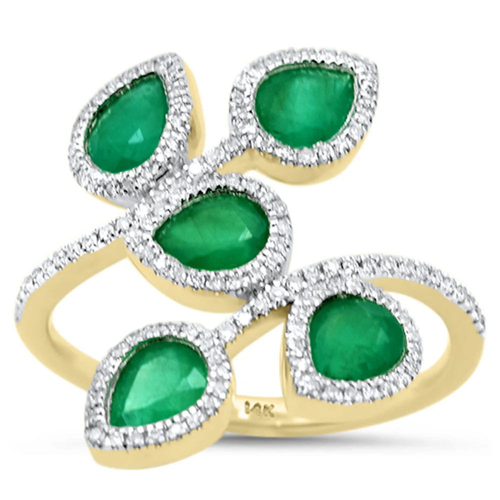 <span style="color:purple">SPECIAL!</span> 1.62ct G SI 14KT Yellow Gold Diamond & Emerald Leaf Design Gemstone Ring Size 6.5