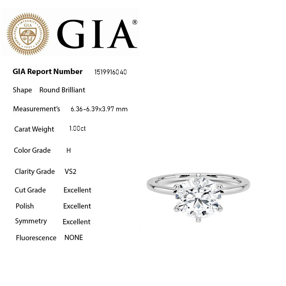 <span style="color:purple">SPECIAL!</span> 1.00ct H-VS2 GIA CERTIFIED 14K White Gold Round Diamond Solitaire Ring Size 6
