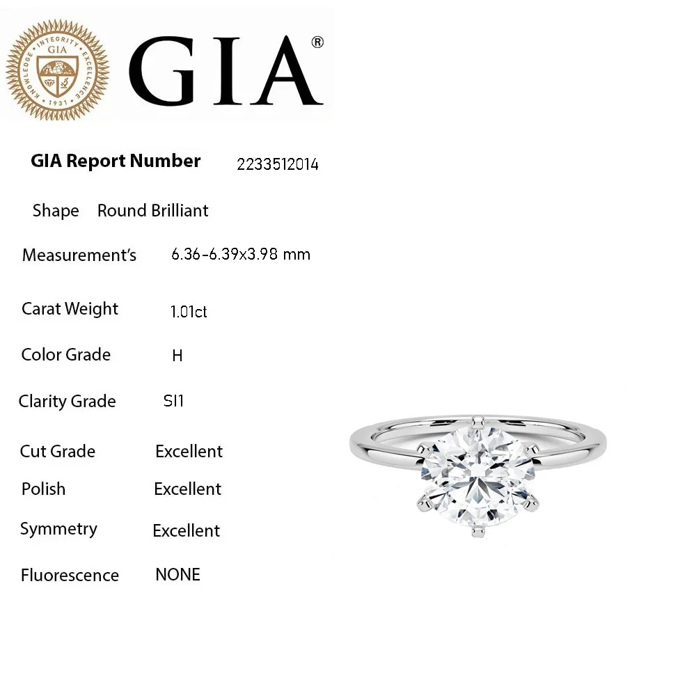 <span style="color:purple">SPECIAL!</span> 1.01ct H-SI1 GIA CERTIFIED 14K White Gold Round Diamond Eagle Claw Prongs Solitaire Ring Size 7