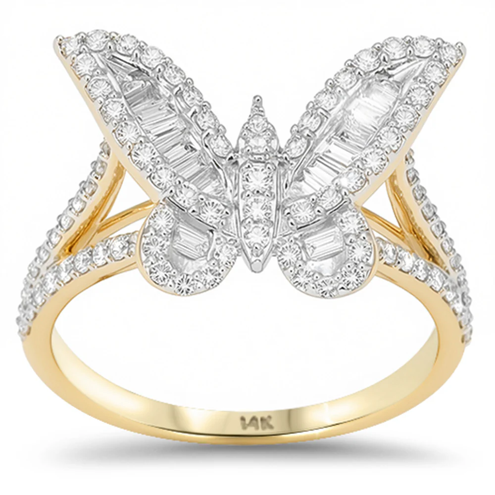 <span style="color:purple">SPECIAL!</span> .69ct G SI 14kt Yellow Gold Round & Baguette Diamond Butterfly Ring Size 6.5