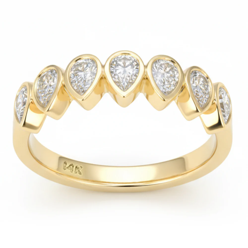 <span style="color:purple">SPECIAL!</span> .86ct G SI 14kt Yellow Gold Pear Shape Diamond Bezel set Half Eternity Band Ring Size 6.5