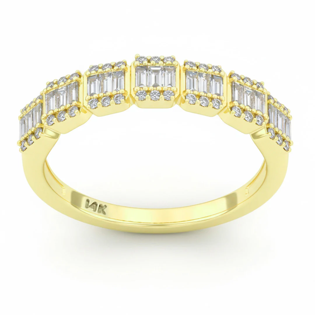 <span style="color:purple">SPECIAL!</span> .46ct G SI 14kt Yellow Gold Round & Baguette Diamond Band Ring Size 6.5