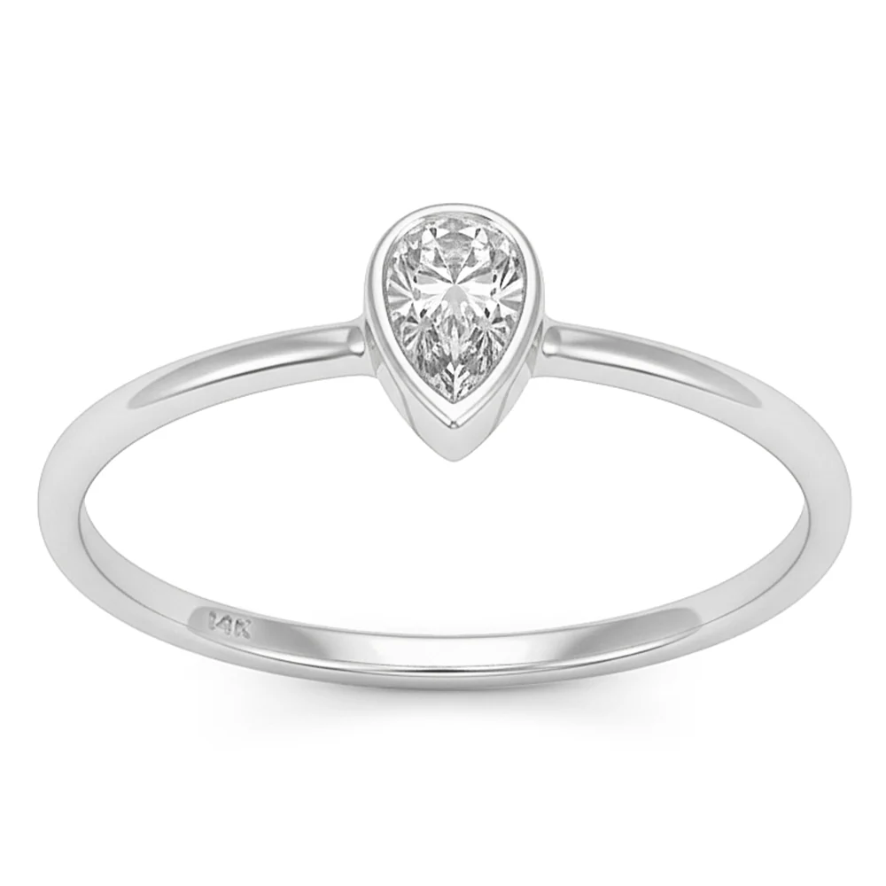 .20ct G SI 14kt White Gold Pear Diamond Bezel Set Ring Soliaire Size 6.5