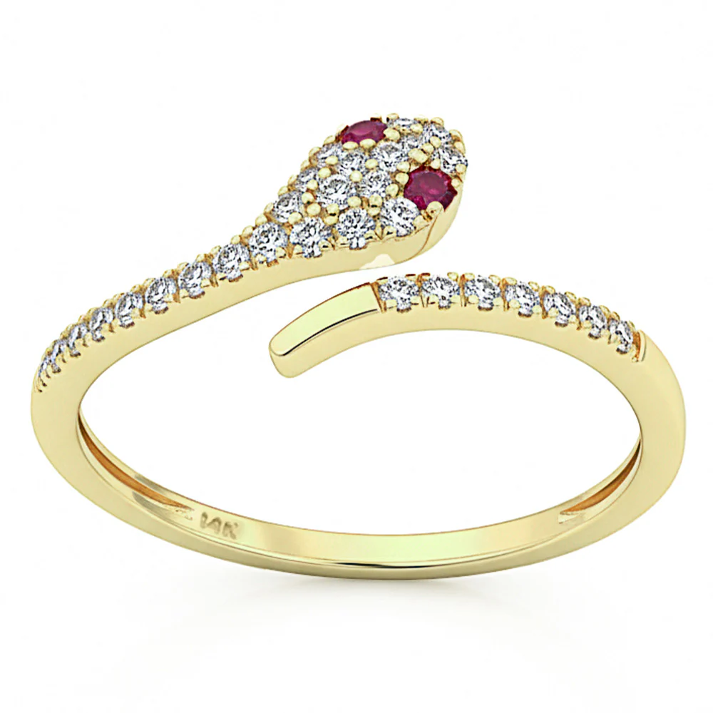 <span style="color:purple">SPECIAL!</span> .21ct G SI 14kt Yellow Gold Diamond & Ruby Gemstone Snake Ring Size 6.5