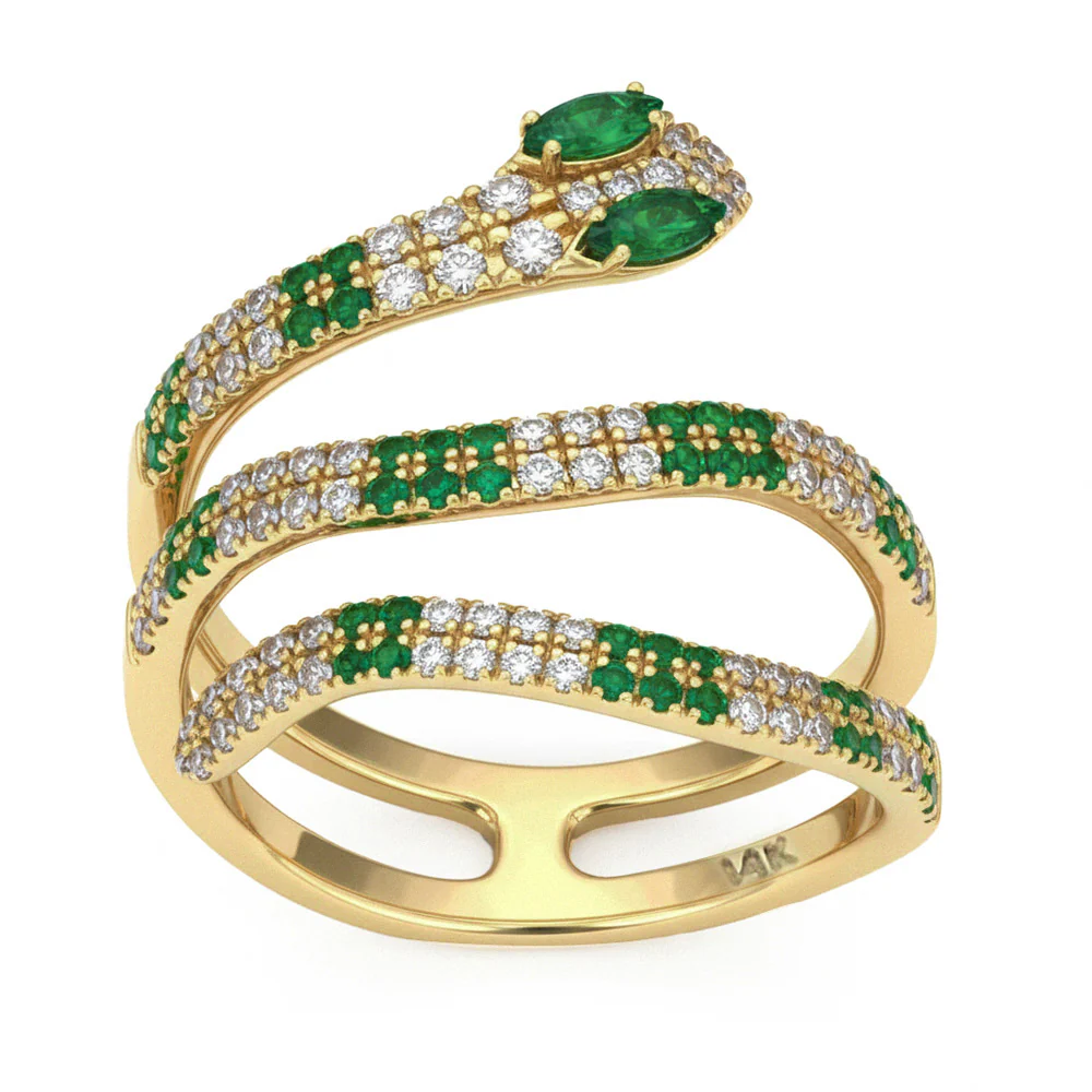 <span style="color:purple">SPECIAL!</span> .86ct G SI 14kt Yellow Gold Diamond & Emerald Gemstone Snake Wrap Ring Size 6.5