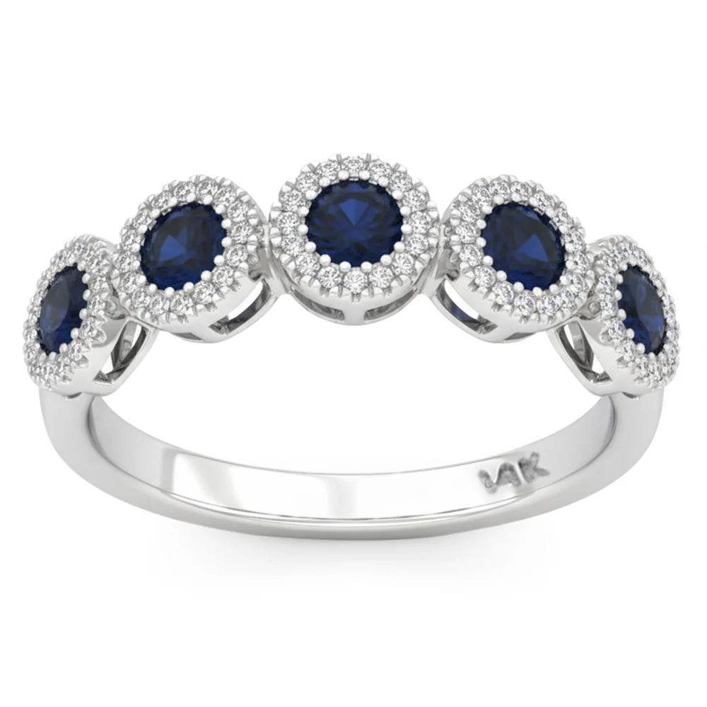 <span style="color:purple">SPECIAL!</span> .90ct G SI 14kt White Gold Diamond & Blue Sapphire Gemstone Band Ring Size 6.5