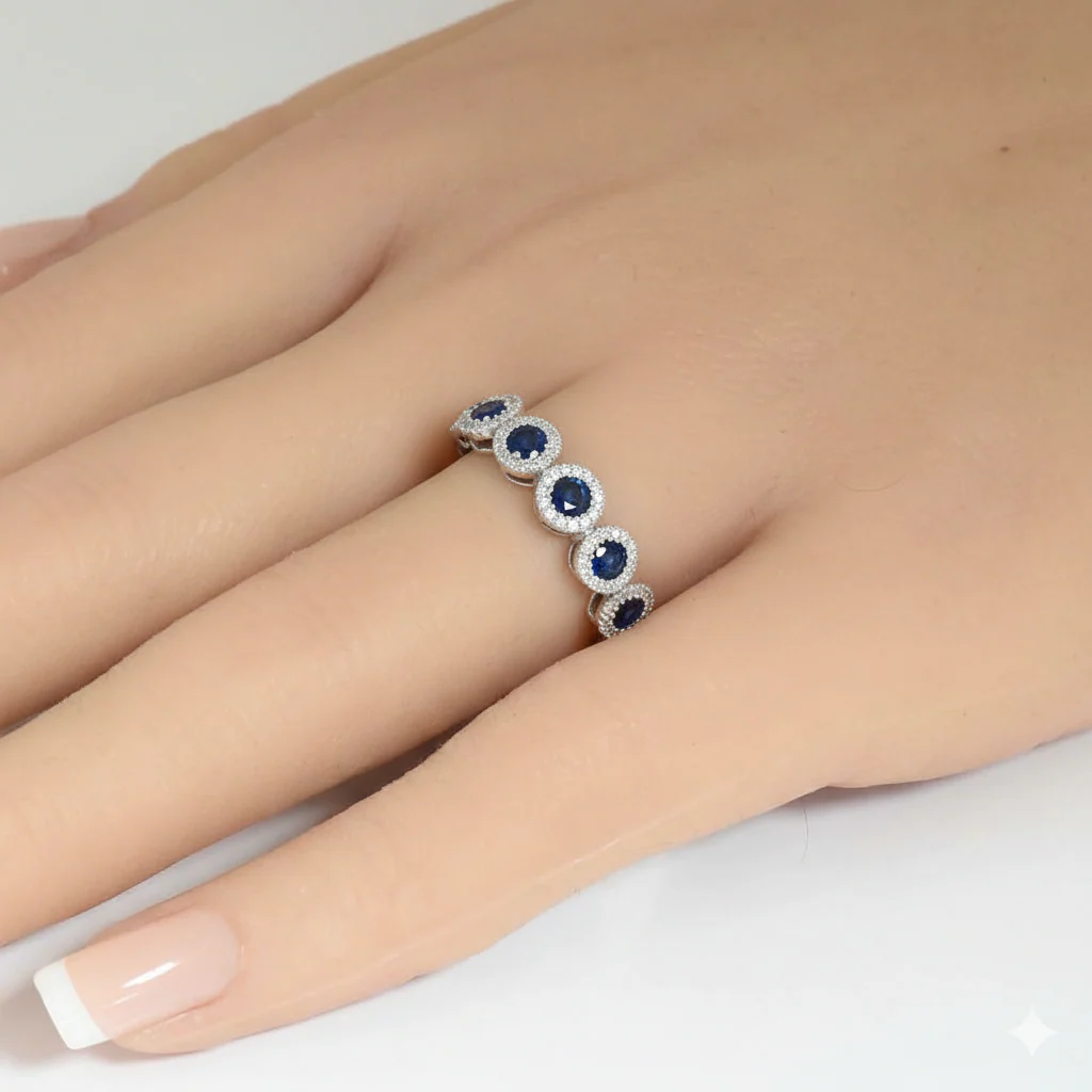 <span style="color:purple">SPECIAL!</span> .90ct G SI 14kt White Gold Diamond & Blue Sapphire Gemstone Band Ring Size 6.5 - Image 2