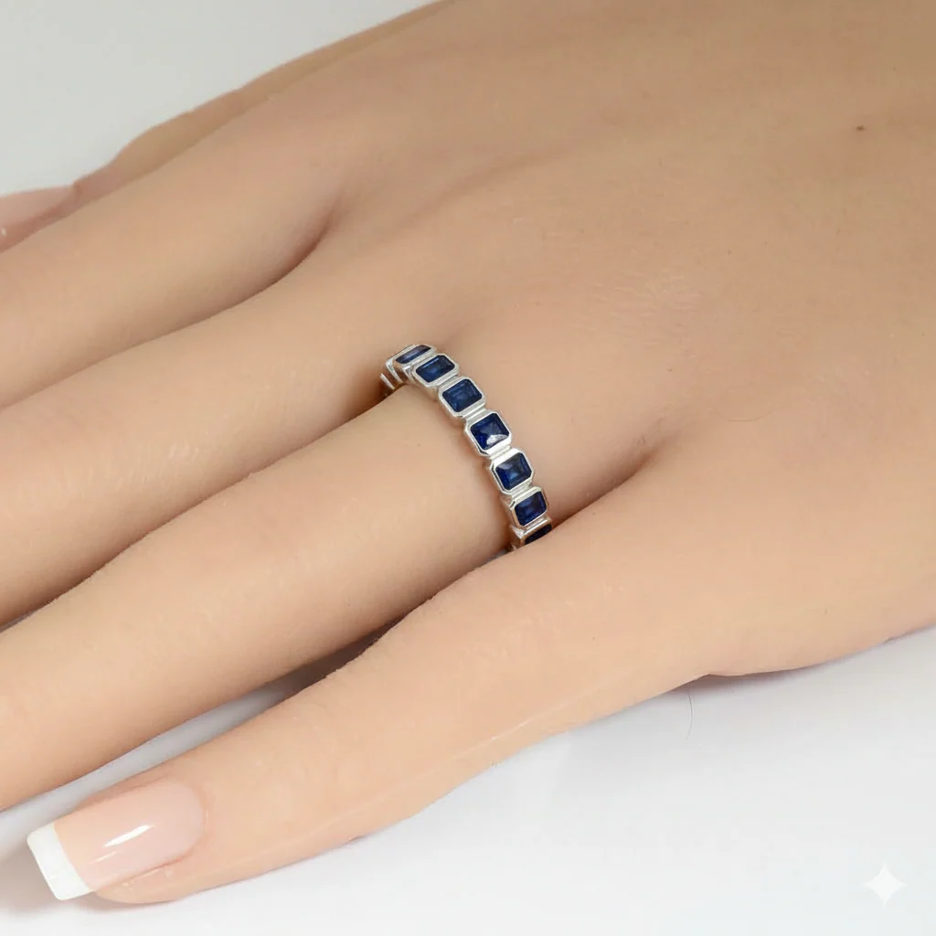 <span style="color:purple">SPECIAL!</span> 1.16ct G SI 14kt White Gold Blue Sapphire Gemstone Bezel Set Half Eternity Band Ring Size 6.5 - Image 2