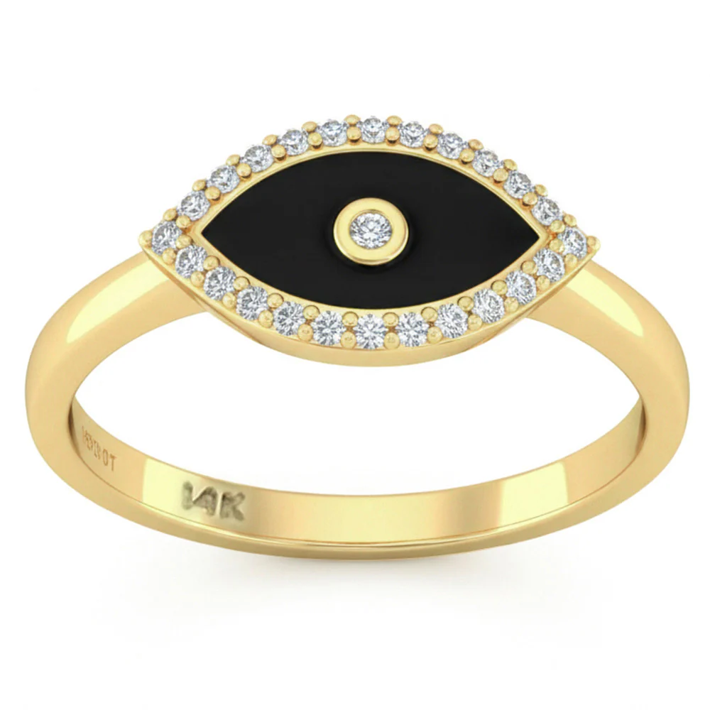 <span style="color:purple">SPECIAL!</span> .13ct G SI 14kt Yellow Gold Diamond & Black Onyx Enamel Inlay Evil Eye Ring Size 6.5