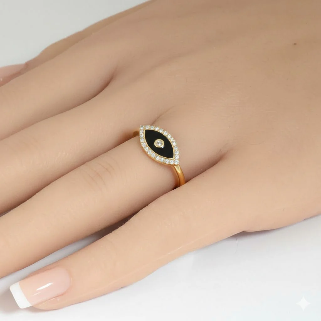 <span style="color:purple">SPECIAL!</span> .13ct G SI 14kt Yellow Gold Diamond & Black Onyx Enamel Inlay Evil Eye Ring Size 6.5 - Image 2