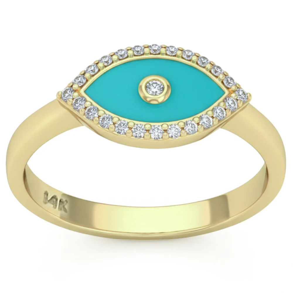 <span style="color:purple">SPECIAL!</span> .13ct G SI 14kt Yellow Gold Diamond & Turquoise Enamel Evil Eye Ring Size 6.5