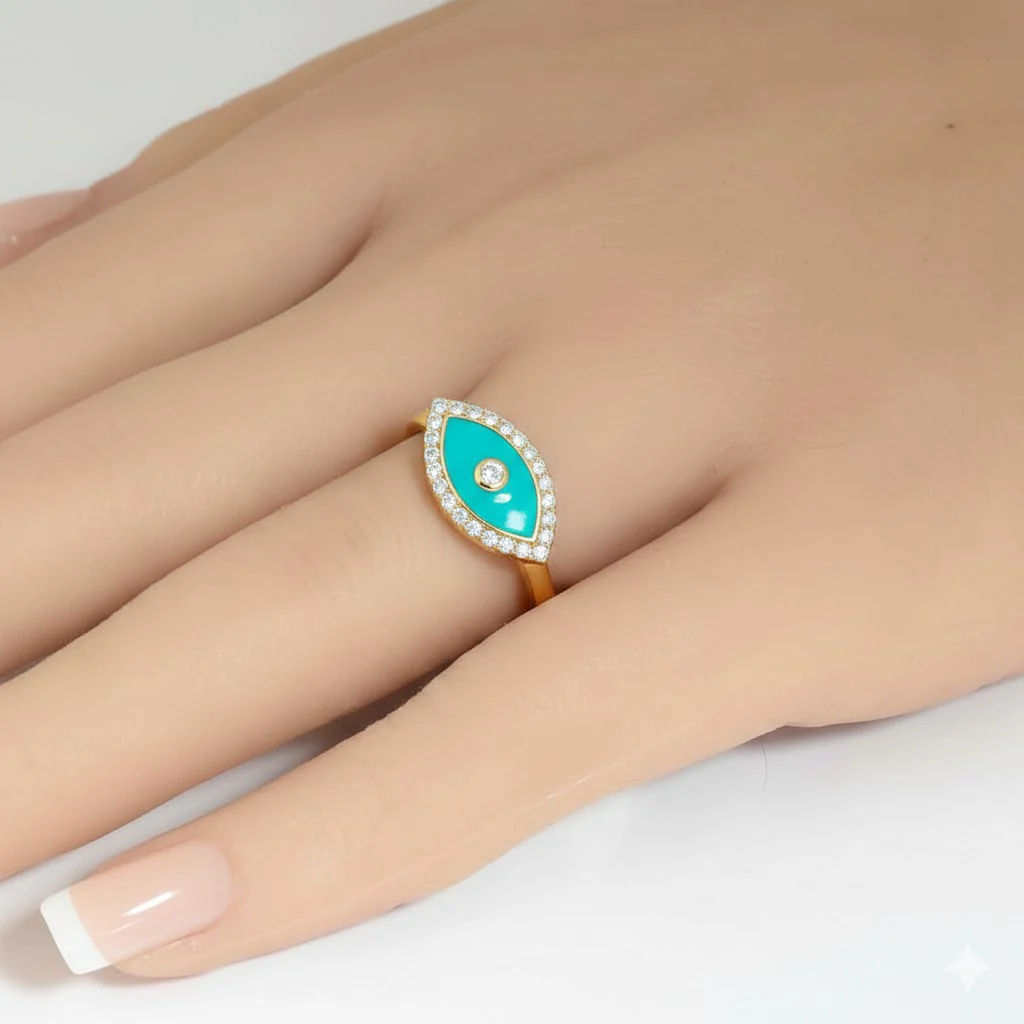 <span style="color:purple">SPECIAL!</span> .13ct G SI 14kt Yellow Gold Diamond & Turquoise Enamel Evil Eye Ring Size 6.5 - Image 2