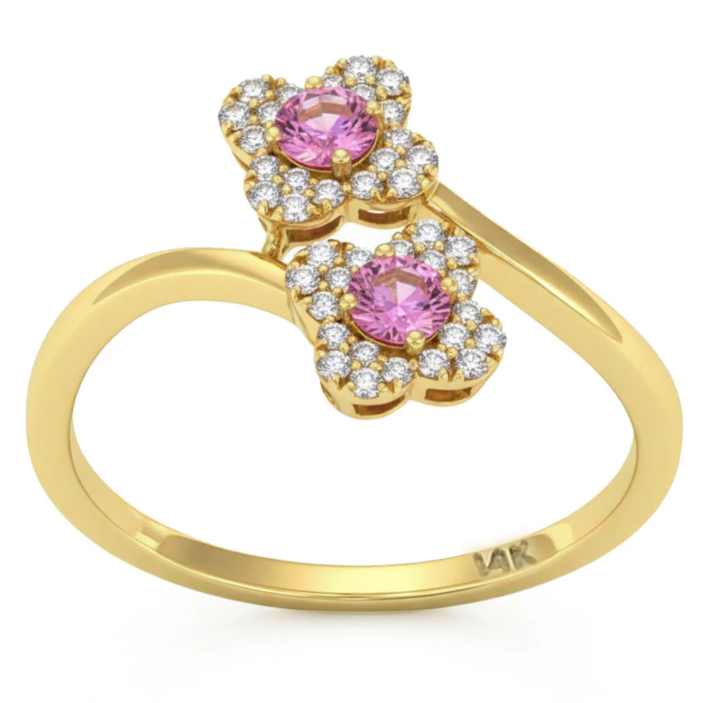 <span style="color:purple">SPECIAL!</span> .45ct G SI 14kt Yellow Gold Diamond & Pink Sapphire Gemstone Clover Wrap Around Ring Size 6.5