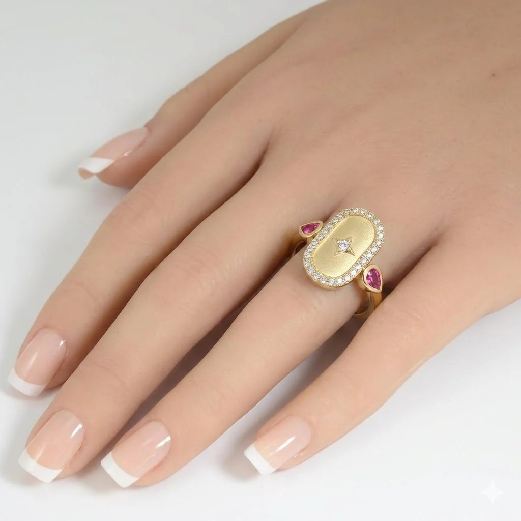 <span style="color:purple">SPECIAL!</span> .58ct G SI 14kt Yellow Gold Diamond & Pink Sapphire Gemstone Modern Ring Size 6.5 - Image 2