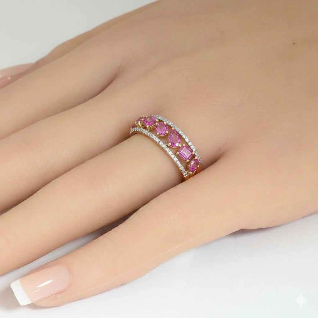 <span style="color:purple">SPECIAL!</span> 1.38ct G SI 14kt Yellow Gold Diamond & Pink Sapphire Gemstone Ring Size 6.5 - Image 2