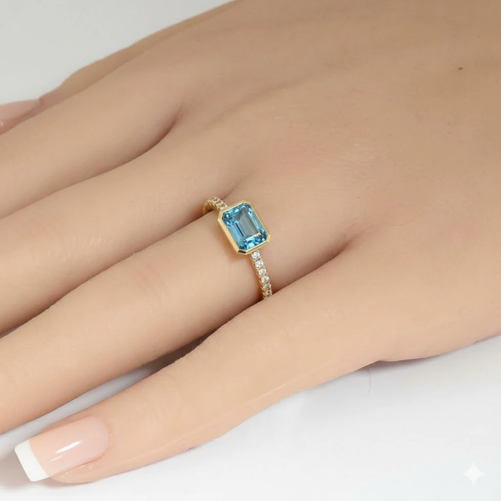 <span style="color:purple">SPECIAL!</span> 1.03ct G SI 14kt Yellow Gold Diamond & Aquamarine Gemstone Bezel Set Ring Size 6.5 - Image 2