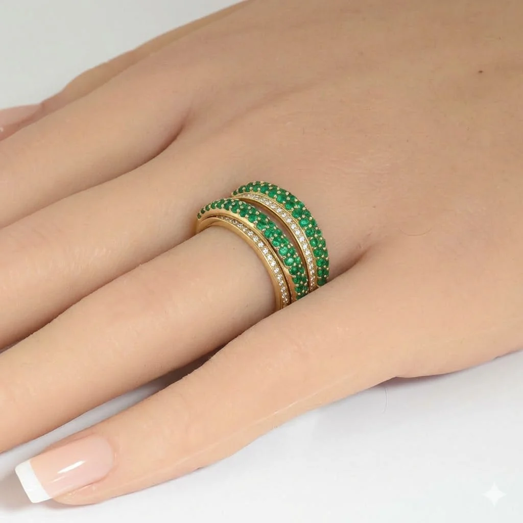 <span style="color:purple">SPECIAL!</span> 1.18ct G SI 14kt Yellow Gold Diamond & Emerald Gemstone Double Band Ring Size 6.5 - Image 2