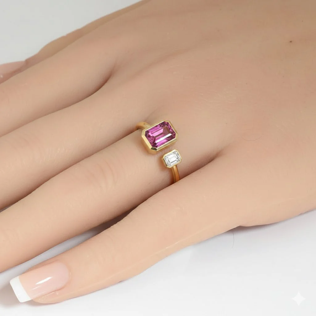 <span style="color:purple">SPECIAL!</span> 1.15ct G SI 14kt Yellow Gold Diamond & Pink Sapphire Moi Toi Gemstone Ring Size 6.5 - Image 2