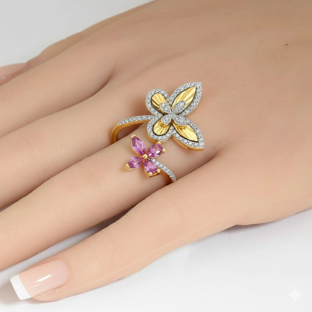 <span style="color:purple">SPECIAL!</span> 1.06ct G SI 14kt Yellow Gold Diamond & Pink Sapphire Gemstone Butterfly Ring Size 6.5 - Image 2