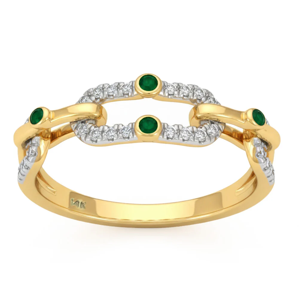 <span style="color:purple">SPECIAL!</span> .21ct G SI 14kt Yellow Gold Diamond & Emerald Gemstone Paperclip Band Ring Size 6.5