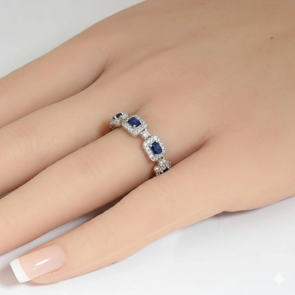 <span style="color:purple">SPECIAL!</span> .96ct G SI 14kt White Gold Diamond & Blue Sapphire Gemstone Ring Size 6.5 - Image 2