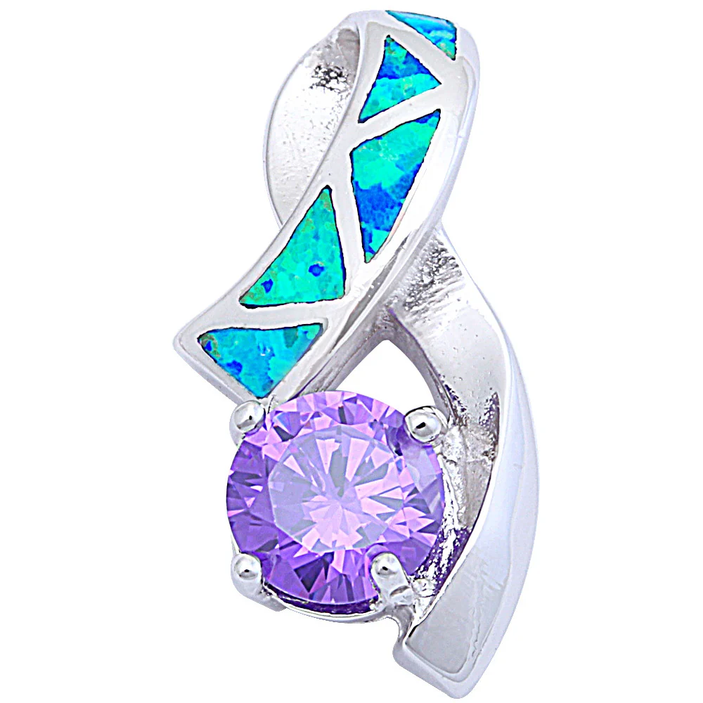 <span>CLOSEOUT! </span>Round Faceted Amethyst & Blue Opal .925 Sterling Silver Pendant 21.5mm