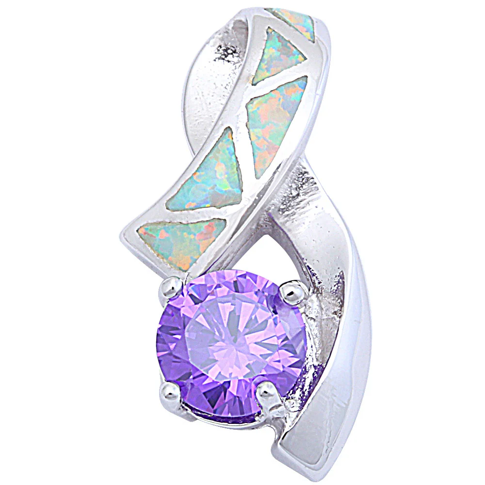 <span>CLOSEOUT! </span>Round Faceted Amethyst & White Opal .925 Sterling Silver Pendant 21.5mm