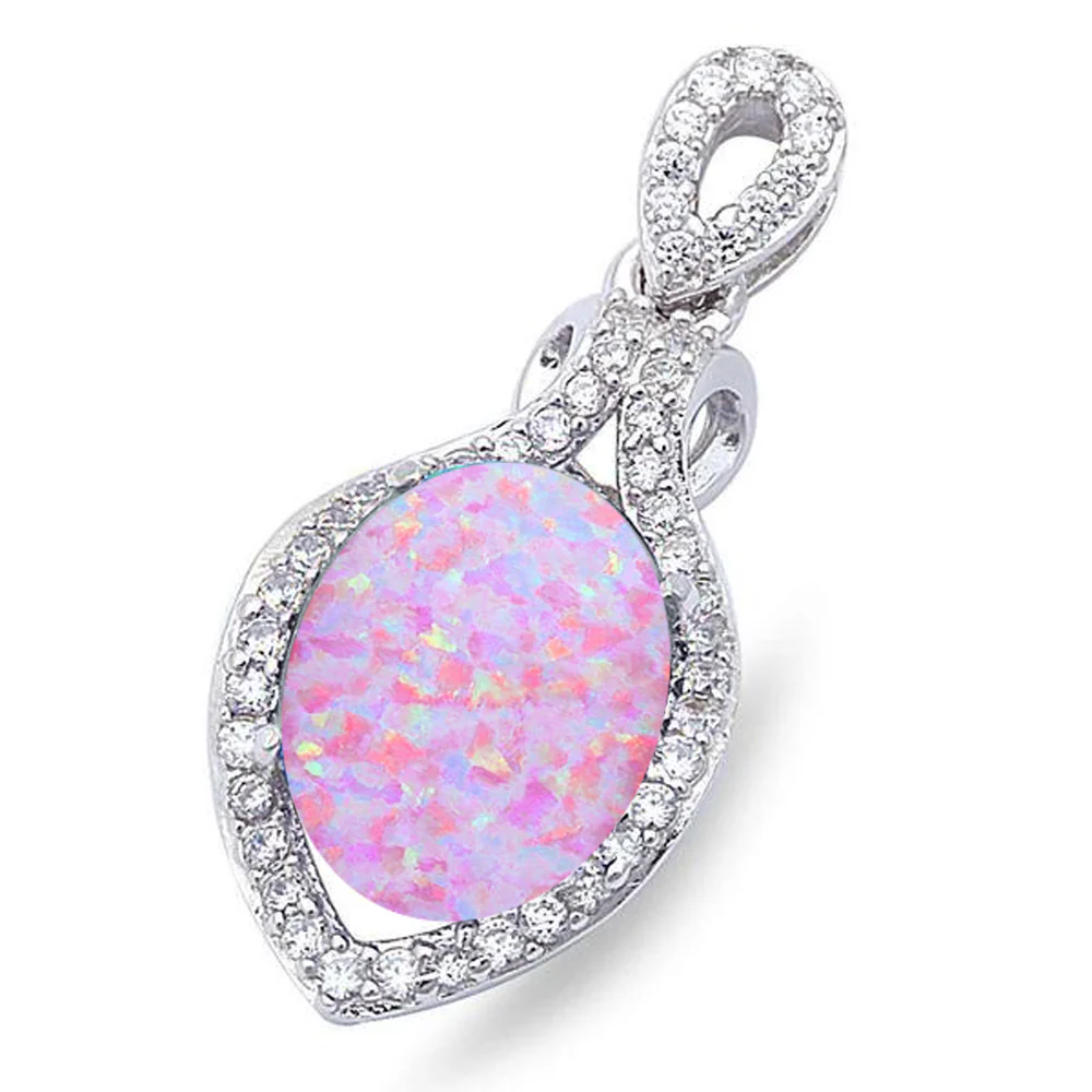 <span>CLOSEOUT! </span>Lab Created Pink Opal & Cubic Zirconia .925 Sterling Silver Pendant 1" long