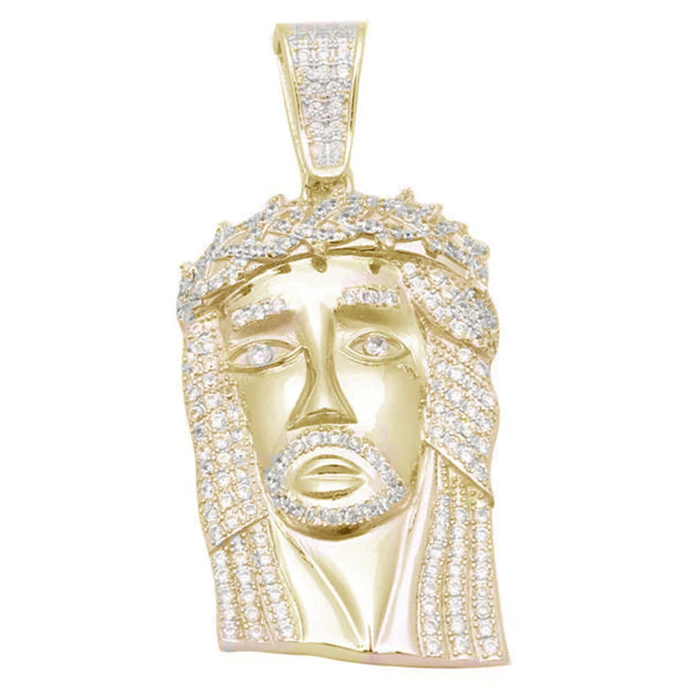 <span>CLOSEOUT! </span>Yellow Gold Plated Hiphop Style Heavy 4CT  Micro Pave Cubic zirconia Jesus Piece .925 Sterling Silver Pendant