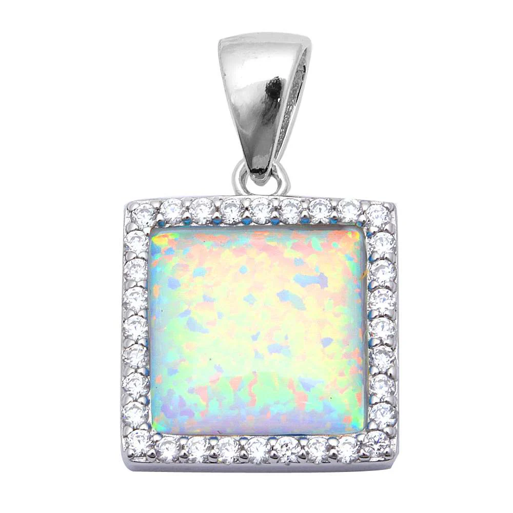 <span>CLOSEOUT!</span> Square White Fire Opal & Cubic Zirconia .925 Sterling Silver Pendant