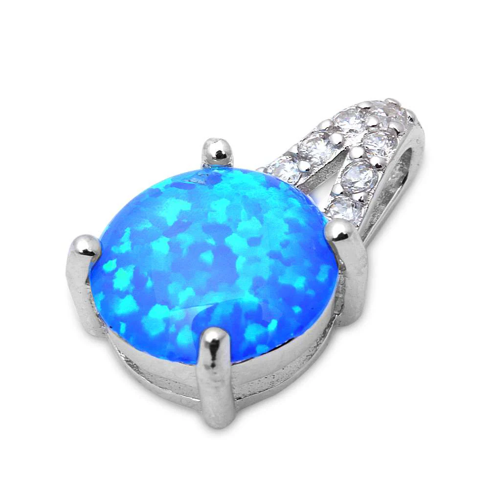 Round Blue Opal & Cubic Zirconia .925 Sterling Silver Pendant