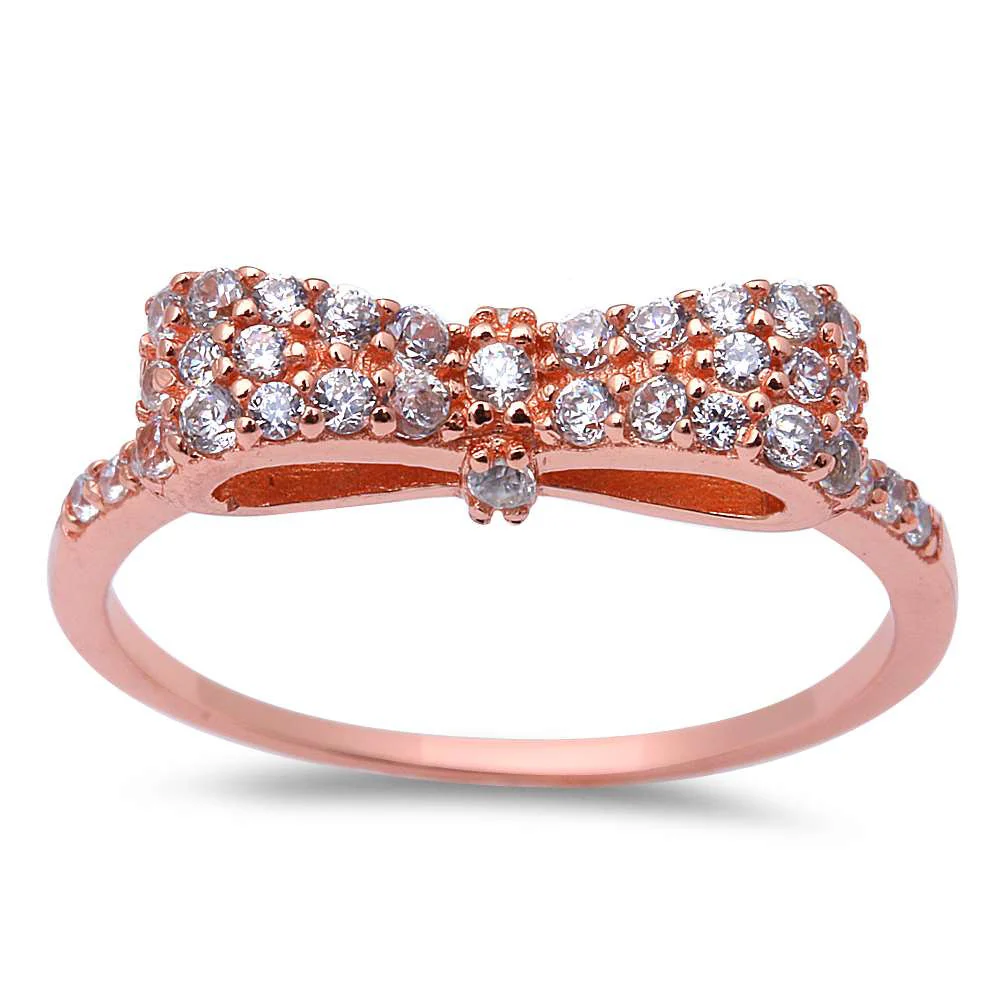 <span>CLOSEOUT!</span>Rose Gold Plated Cubic Zirconia Bow Tie .925 Sterling Silver Ring