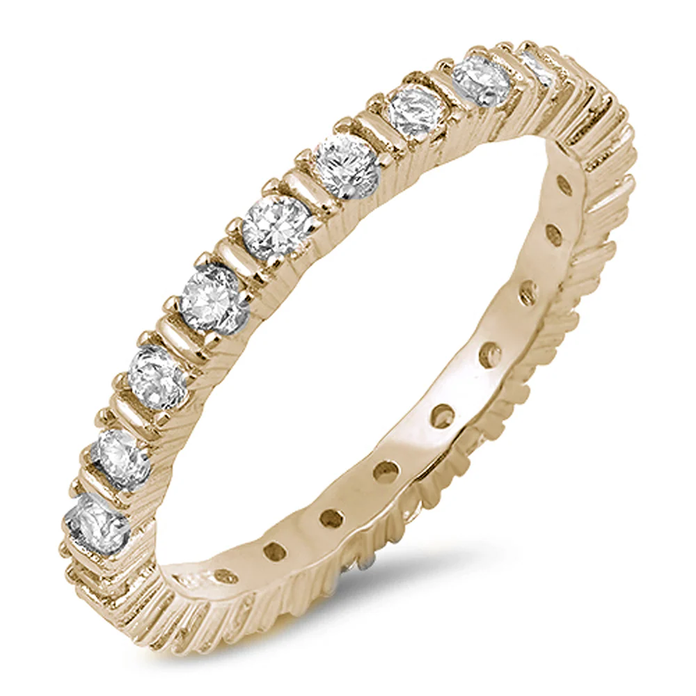 <span>CLOSEOUT! </span>Yellow Gold Plated 4 Prong Round Cubic Zirconia Eternity Band .925 Sterling Silver Ring