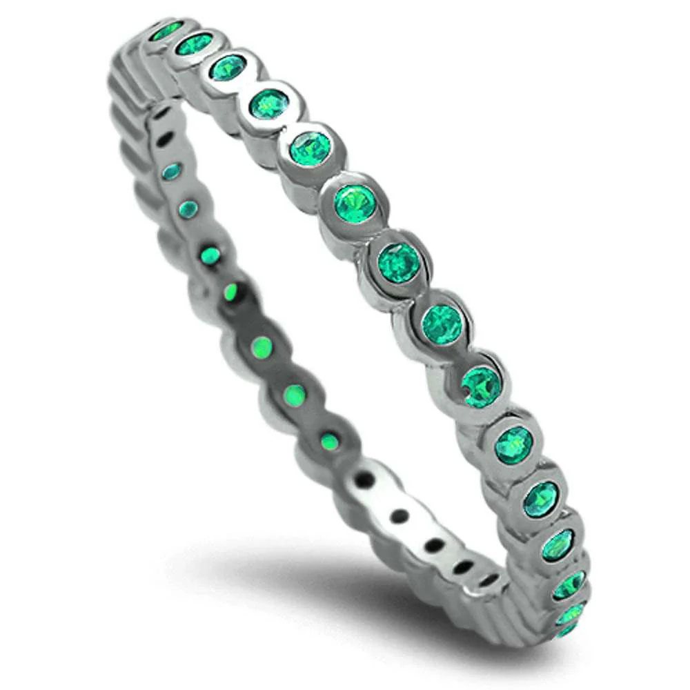 <span>CLOSEOUT! </span>Round Green Emerald Eternity Band .925 Sterling Silver Ring
