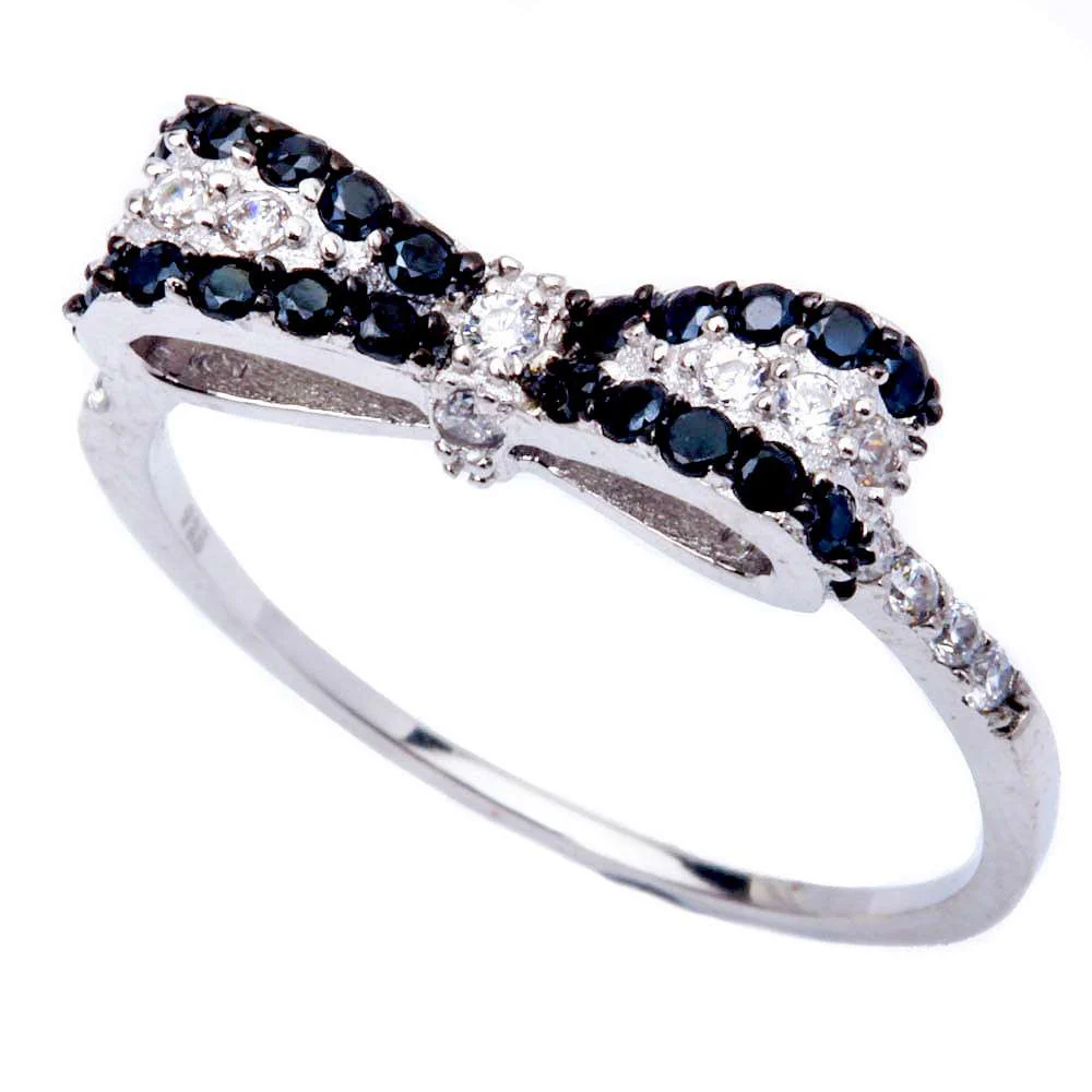 <span>CLOSEOUT!</span> Black & White Cz Bow Tie Fashion .925 Sterling Silver Ring Sizes 4-10