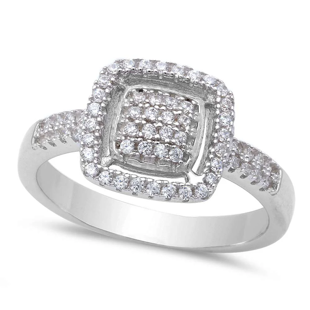 <span>CLOSEOUT!</span>Cushion Shape Micro Pave Cubic Zirconia Fashion .925 Sterling Silver Ring Sizes 4-9