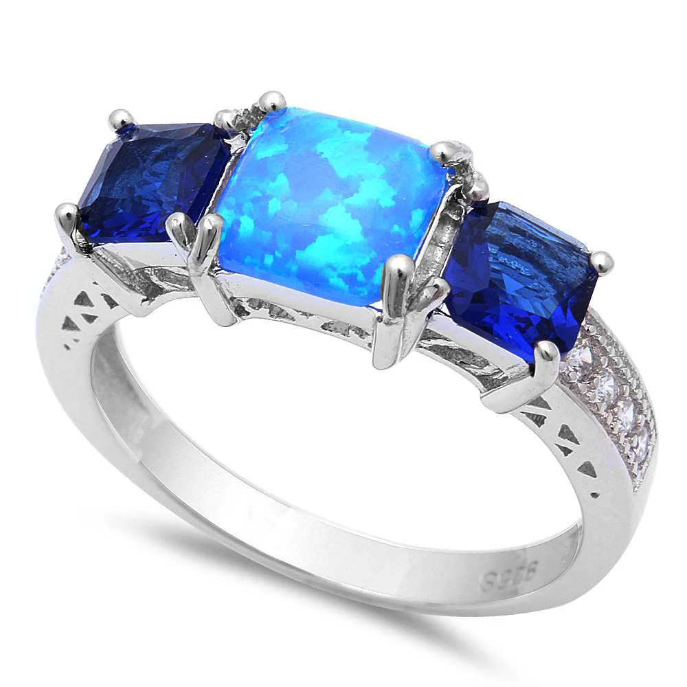 <span>CLOSEOUT!</span>Princess Cut Blue Opal, Blue Sapphire & Cubic Zirconia .925 Sterling Silver Ring
