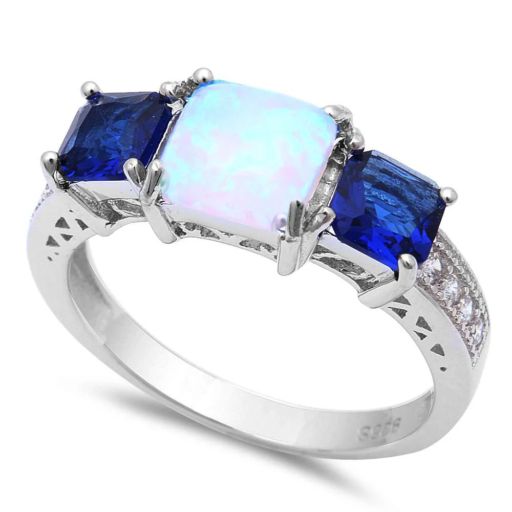 <span>CLOSEOUT!</span>Princess Cut White Opal, Blue Sapphire & Cubic Zirconia .925 Sterling Silver Ring Sizes 5-6,8-10