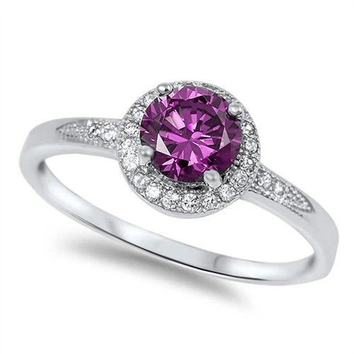 Halo Amethyst & Cz Fashion .925 Sterling Silver Ring Sizes 4-11