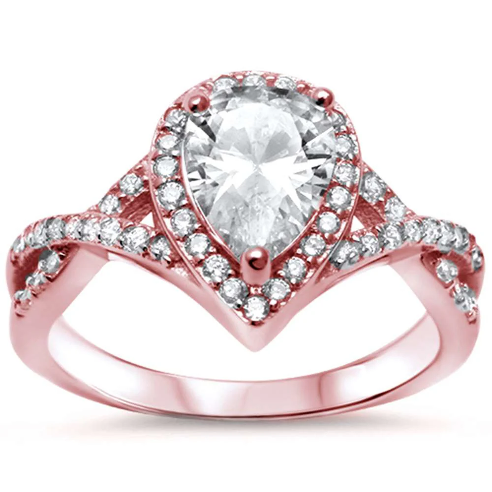 <span>CLOSEOUT! </span>Rose Plated Pear CZ Solitaire Engagement .925 Sterling Silver Ring Sizes 5-10